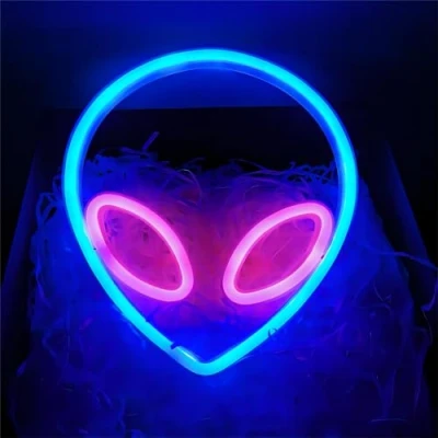 Image de NIWWIN Enseigne lumineuse au néon, tête extraterrestre bleue et rose, lumière décorative murale, piles 3AA (non incluses) Ou utilisez une alimentation USB A,Utilisé pour la décoration de chambre.