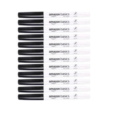 Image de Amazon Basics Lot de 12 Marqueurs à pointe ultra fine et faible odeur, effaçables sec, pour tableaux blancs, Noir
