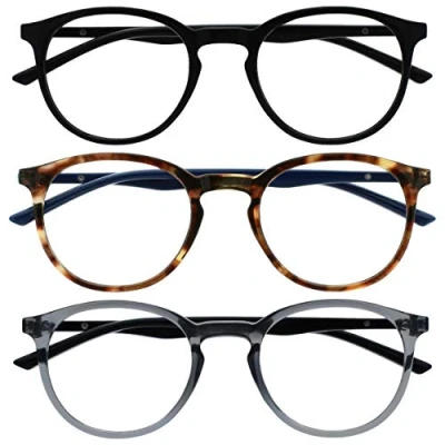 Image de OPULIZE Met Lunettes de Lecture Anti Lumière Bleue Pack 3 Montures Rondes et Minces Charnières à Ressort Améliore le Sommeil Jeux Ordinateur Noir Gris Transparente Hommes Femmes