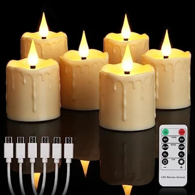 Image de yunsheng Lot de 6 bougies chauffe plat LED rechargeables sans flamme avec télécommande et minuterie 4/6H, étanche fausse bougie, rechargeable, type C, décoration d&#039;intérieur
