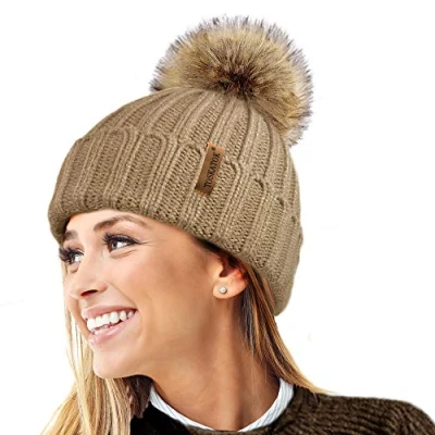 Image de TOSKATOK® Femmes Hiver Rib Bonnet/Beanie avec Chunky détachable en Fausse Fourrure Bobble Pom Taille Unique Chameau