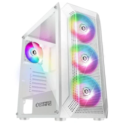 Image de EMPIRE GAMING Boitier PC Gamer Ruby ARGB Moyenne Tour ATX, mATX, ITX Façade Mesh Paroi Latérale en Verre Acrylique 4 Ventilateurs 3 Pins 5 Volts LED RGB Adressable 120 mm MB Sync Blanc