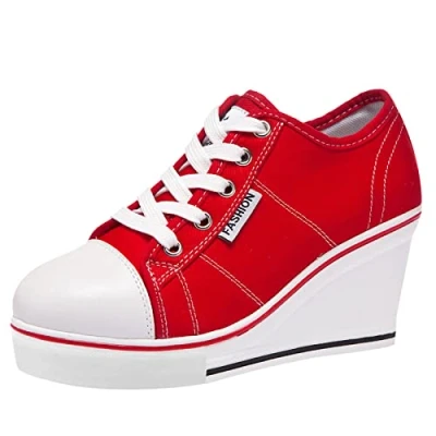 Image de ANUFER Femmes Talon Compensé Lacets Toile Chaussure de Sport Espadrilles Rouge SN02435 EU38.5