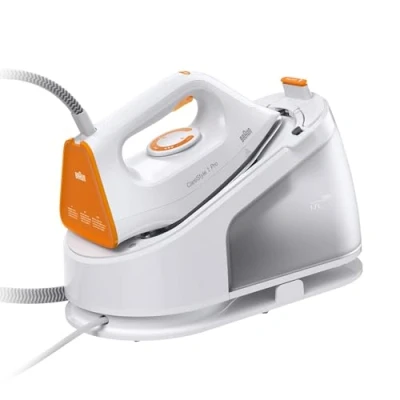 Image de Braun CareStyle 1 Pro IS 1511 WH Centrale vapeur avec technologie FreeGlide 3D, verticale, fonction anti gouttes, réservoir d&#039;eau 1,7 l, 5,5 bar, 360 g/min, 2200 W, blanc/orange