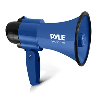 Image de PYLE Haut Parleur Mégaphone Compact à Piles avec Sirène Porte Voix 30 watts, Microphone,2 modes, sonorisation PA, poignée pliable pour cheerleading et usage policier (Bleu)