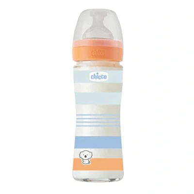 Image de Chicco Biberon Bien Être Débit Lent, Tétine Physio en Silicone Souple et Doux, Système Anti Colique, Réduit les Régurgitations L&#039;Irritabilité, Verre de 240 ml, 0 Mois plus, Bleu