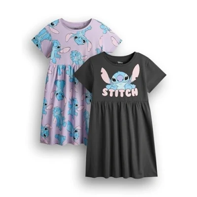Image de Disney Lilo &amp; Stitch Robe Fille Pack de 2 Robes d&#039;été à Manches Courtes Gris foncé et Lavande Graphic Daywear Alien Ensemble vêtements Multi Mignon Coffret Cadeau d&#039;articles