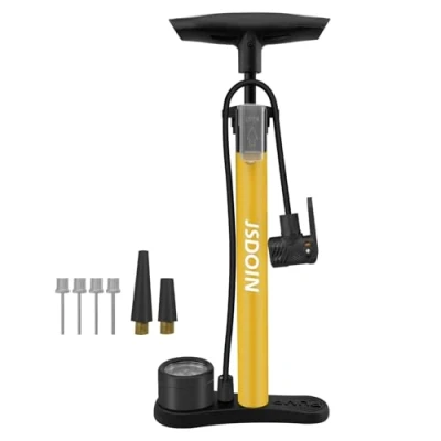 Image de Jsdoin Pompe a Velo Portable avec manomètre Gonflez Facilement Vos à vélo, Ballons et Plus Encore la Pied (Jaune)