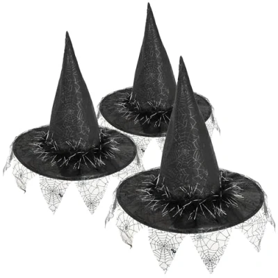 Image de com four® Chapeau de Sorcière 3X Sorcier Parfait pour Les Déguisements, Le Carnaval, Halloween Magique Pointu Costume (3 pièces Toile d&#039;araignée et Plumes)