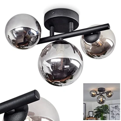 Image de hofstein Plafonnier Chariton, lampe de plafond en métal/verre noir/fumé, luminaire moderne avec abat jour verre véritable/verre fumé, 3 flammes, x G9, ampoule(s) non incluse(s)