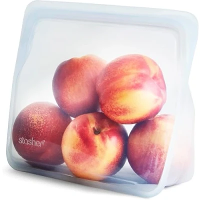 Image de Stasher Sacs en Silicone Réutilisables Pour Conservation Des Aliments, Stand Up Mid Bag, Clair, Chaleur, Lave vaisselle &amp; Congélateur, Écologique, Sac à Lunch Portable, Sans Fuite, BPA, 1,6 L