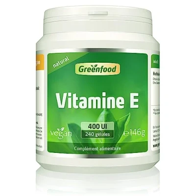 Image de Greenfood Vitamine E, 400 UI, dose élevée, dépôt. Contribue à protéger les cellules contre le stress oxydatif. sans additifs artificiels, OGM, gluten, lactose, 240 softgels.