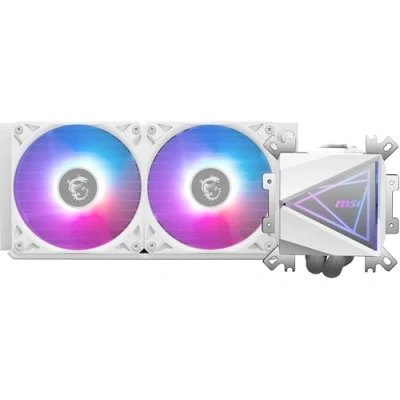 Image de MSI MAG CORELIQUID I240 WHITE Watercooling AIO Large plaque froide en cuivre, ARGB sur tête de bloc et ventilateurs LDB, waterblock à double chambre, radiateur Split Flow, compatible Intel &amp; AMD