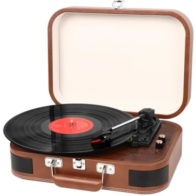 Image de Platine Vinyle, Lecteur Vinyles avec Bluetooth USB AUX Haut Parleur Stéréo Intégré Conception de Valise Rétro Vintage sans Fil 3 Vitesses 33/45/78, Marron