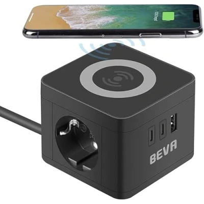 Image de BEVA Cube Multiprise USB 2 Prises avec 1 A+2 C, 5V/2.4A Electrique Chargeur sans Fil 10W Universel Qi Multiprises Parafoudre de Voyage Interrupteur Cable 1.5m Noir