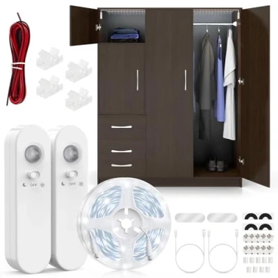 Image de Hoobabuy Ruban LED avec Détecteur Mouvement et Capteur Lumière, Batterie Rechargeable, D&#039;éclairage à Intensité Variable sous Armoire Pour Escaliers, Cuisine, 5M, Blanc Froid 6500K