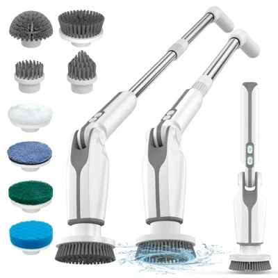Image de Leebein brosse de nettoyage électrique 2024 avec 8 têtes interchangeables, télécommande, poignée longue réglable 38 à 132 cm et 2 vitesses pour salle bain/cuisine
