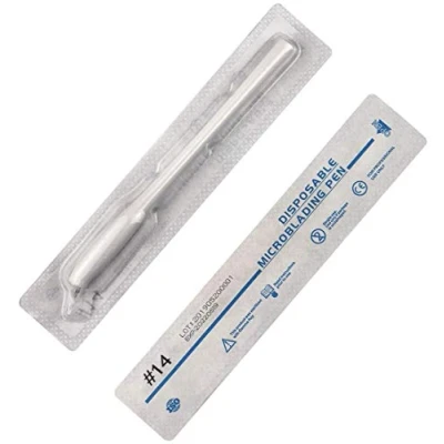 Image de 10 pièces Blanc Microblading 18U/12/14/17 stylo jetable manuel sourcil aiguilles de tatouage avec pour le maquillage permanent sourcils emballage blister (14 Slope 0.25mm)