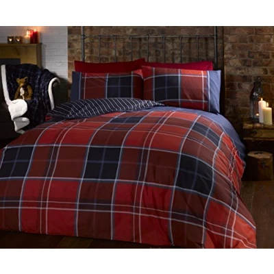 Image de Rapport Home Tartan à Motifs Losanges Parure de lit, Polyester et Coton, Rouge, King