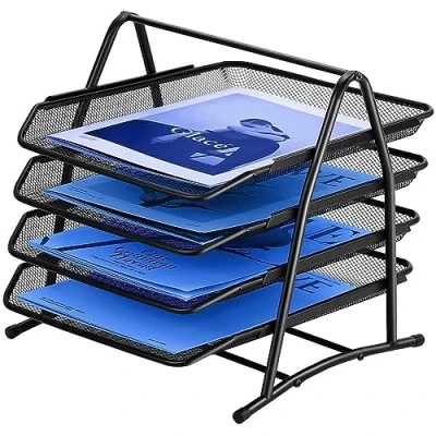Image de 4 Niveaux Corbeilles à Courrier, Bac Courrier Empilable, A4 Organisateur de Bureau Maille Métallique, Plateau Papier, Banette Rangement Range Document Porte Papier