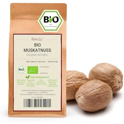 Image de Kamelur 250g de noix muscade BIO entières cueillies à la main dans meilleure qualité biologique pour le moulin un emballage biodégradable