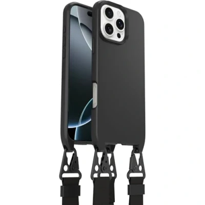 Image de OtterBox Coque React Series Lanyard MagSafe pour iPhone 16 Pro Max, de Protection avec Collier, Sangle réglable et Amovible, testé Selon Les Normes Militaires, Noir, Livré sans Emballage