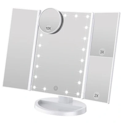 Image de WEILY Miroir de courtoisie, 21 LED et grossissement 1X / 2X 3X, Interrupteur Tactile pour régler la luminosité, Maquillage en Mode Double Alimentation (Blanc)