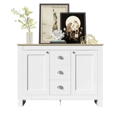 Image de Nouveau buffet en bois Premium sense warm White avec 2 portes et 3 tiroirs poignées argentées, étagères réglables