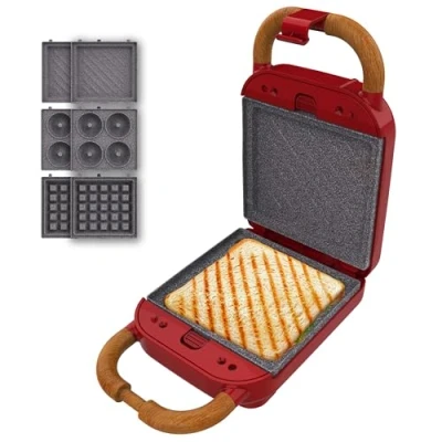 Image de Cecotec Appareil à Sandwichs Rock&#039;nToast Retro One Red. Machine Sandwich Rétro 700W, 3 Plaques Interchangeables Pour Sandwiches, Gaufres et Beignets,Revêtement RockStone, Base Antidérapante