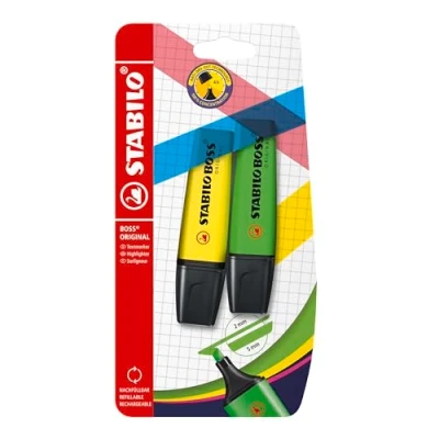 Image de Surligneur STABILO BOSS ORIGINAL Blister x 2 surligneurs fluo jaune + vert