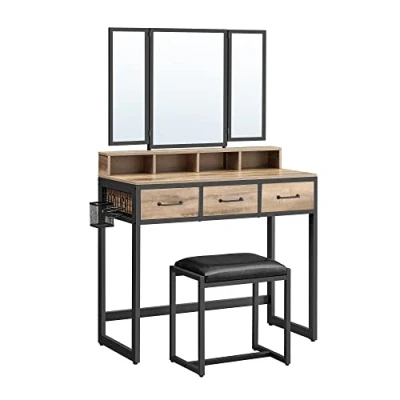 Image de VASAGLE Coiffeuse, Table de Maquillage avec Tabouret Rembourré, Miroir Triple, 3 Tiroirs, Porte sèche Cheveux, Pot, Style Industriel, Marron Boisé et Noir RVT004B50
