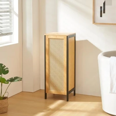 Image de [en.casa] Panier à Linge Corbeille Vêtements avec Couvercle Sales de Grande Capacité 51 L pour Salle Bain Buanderie Bambou MDF 80 x 30 cm Noir Naturel Effet Rotin
