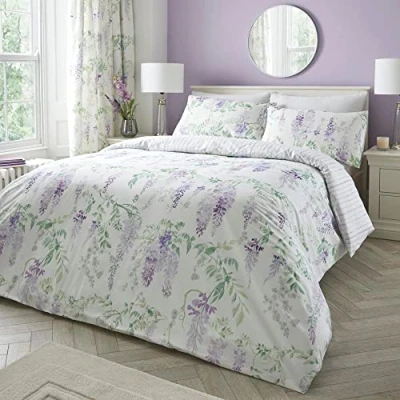 Image de Dreams &amp; Drapes Housse de Couette Motif Floral Violet glycine King Size (230 x 220 cm) Design réversible (Rayures Violettes) Facile d&#039;entretien et Lavable Fleur en