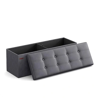 Image de SONGMICS Coffre de Rangement Pliable 110 cm, Banc Rangement, Repose pieds, Table Basse, Siège Rembourré, PU, Capacité Charge 300 kg, Gris Foncé LSF070G01