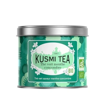 Image de Kusmi Tea Thé Vert Menthe Concombre Bio Biologique aux Feuilles de Arômes Naturels et Boîte Métal 100g Quantité pour environ 50 Tasses