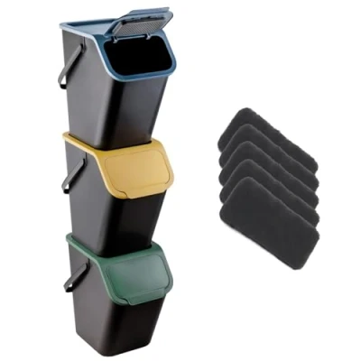 Image de Go Practic Lot de 3 poubelles et filtres à charbon bio actif, boîte empilable avec couvercle clic, système séparation des déchets cuisine, tri déchets, couleurs 25l