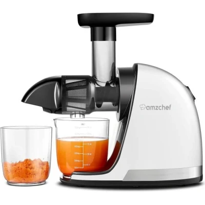 Image de AMZCHEF Extracteur Jus de Fruits et Légumes Presses agrumes à Froid sans BPA avec 2 Tasses Brosse Fonction Mastication Inversée pour Éviter les Blocages Blanc nacré