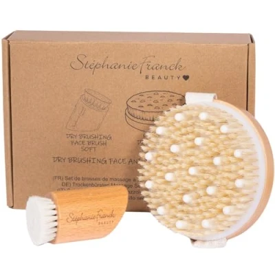 Image de Stephanie Franck Beauty Duo Dry Brushing Body &amp; Face Brushes pour le Massage à sec du Corps (ferme) et Visage (douce) en Poils naturels