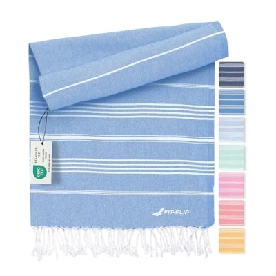 Image de Serviette de Plage hammam Fouta en Coton 100% recyclé Turque à séchage Rapide, fouta, Bain pestemal idéale comme Drap XXL Bleu 100x200cm Sultan