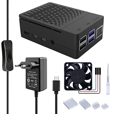 Image de GeeekPi Raspberry Pi 4 Boîtier avec 40mm PWM Ventilateur,Raspberry Alimentation USB C 18W 5V 3,6A on/Off Switch,Raspberry Dissipateurs pour modèle B 1Go/2Go/4Go/8Go