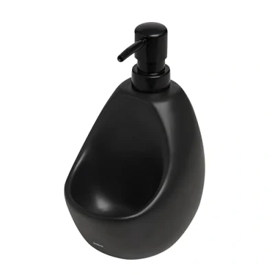 Image de UMBRA Joey Pump. Distributeur pour savon liquide et porte éponge en céramique. Dimension 10.2x12.7x20.3cm. 591ml. Coloris noir.