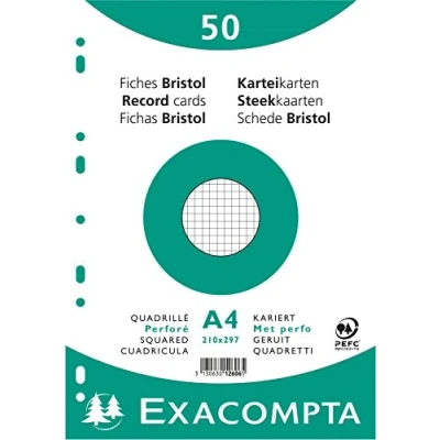 Image de Exacompta Réf. 12606E Paquet de 50 fiches bristol quadrillées 5x5 perforées sous film compatibles avec imprimante jet d&#039;encre, laser et photocopieur format 210 x 297 mm couleur blanc