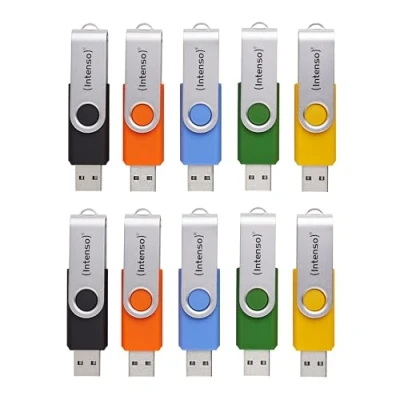 Image de Intenso Basic Line Lot de 10 clés USB 2.0 4 Go avec étiquettes Pratiques, Jaune, Vert, Noir, Bleu + Orange, Anse en métal argenté