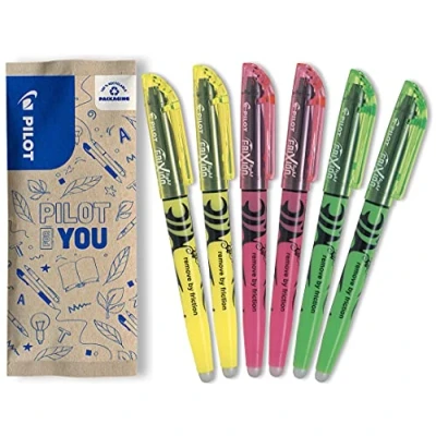Image de PILOT Lot de 6 Frixion Light Surligneurs effaçables aux couleurs fluos 2 Jaunes, Roses, Verts Pointe biseautée pour tracé fin ou plus large