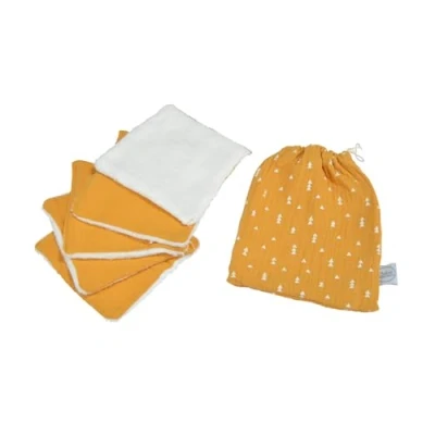 Image de Bébé Douceur, Set de 5 Débarbouillettes Gaze Coton et Eponge 11 x cm avec Pochon Moutarde