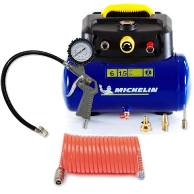 Image de Michelin MBL6 Compresseur d&#039;Air Portable, Sans Huile de 6 Litres, Manomètre Intégré + Kit (pistolet gonflage, tuyau spiralé et 3 buses inclus)