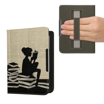 Image de kwmobile Étui Compatible avec Kobo Clara BW/Colour Coque à Rabat magnétique Tablette eReader Similicuir Sangle Noir Beige