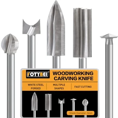 Image de Jeu de Mèches Sculpture sur Bois Compatible avec Dremel, 5 Pièces Différents Outils en Tige 1/8&quot; pour Bricolage, Travail du bois, Gravure, Micro