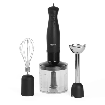 Image de Petra PT2827BMBLKVDE Mixeur 3 en 1 ,accessoires sans BPA et bol 700 ml inclus, fouet, mixeur, hachoir, de 500 ml, 2 vitesses, lames inox, compact, facile à utiliser, 350 W, noir