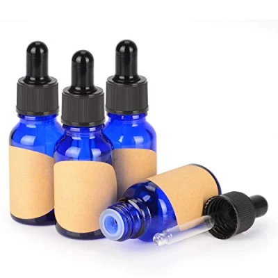 Image de stonylab 15 ml (0,5 oz) 4 Pack Flacon Compte gouttes en Verre, Bleu Verre Vide avec Conique, Bouchon Interne et Étiquette pour Huiles Essentielles Fragrances